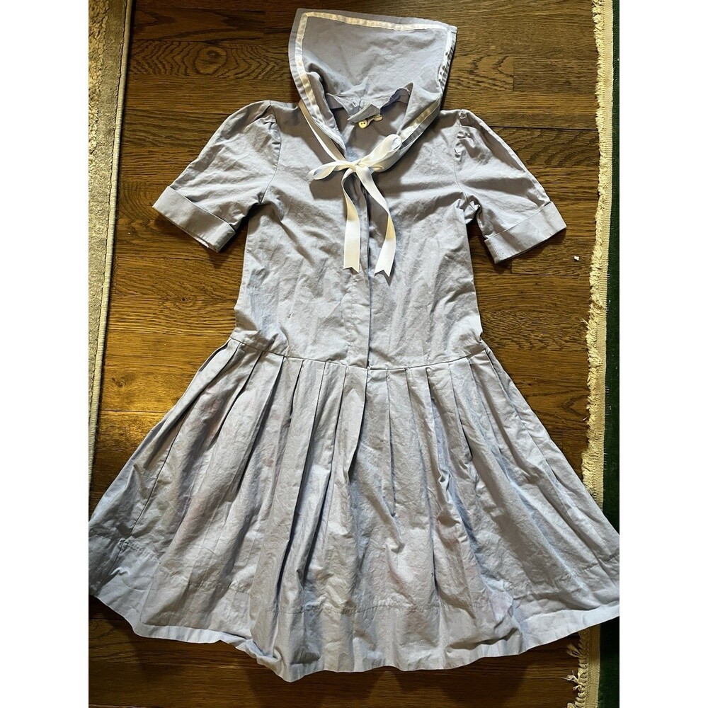 LAURA ASHLEY Vintage Nautical Sailor Dress Lt Blue White Trim Girls Size 9-10